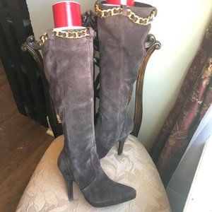 Brown Suede Boots with Gold Chain Detail
